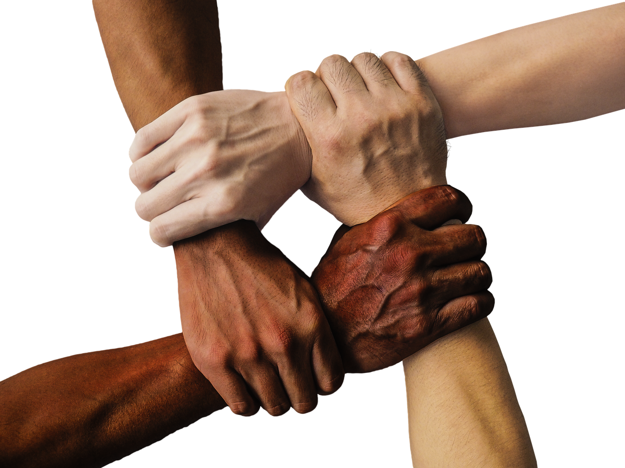 four linked hands with different skin tones